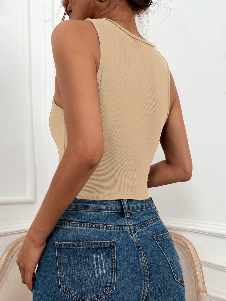 SHEIN LUNE Solid Rib Knit Tank Top - Khaki - View 2