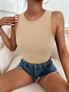 SHEIN LUNE Solid Rib Knit Tank Top - Khaki - View 4