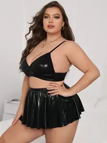 Plus PU Ruffle Lingerie Set - Black - View 4