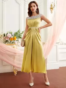 SHEIN Belle Lưới thêu Viền Ruffle Đầm - Màu vàng - Xem 1
