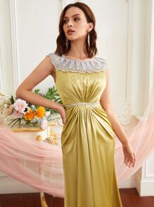 SHEIN Belle Lưới thêu Viền Ruffle Đầm - Màu vàng - Xem 4