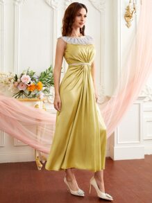 SHEIN Belle Lưới thêu Viền Ruffle Đầm - Màu vàng - Xem 5