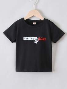 SHEIN 小男童標語圖案T恤 - 黑色 - 查看 1
