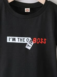 SHEIN 小男童標語圖案T恤 - 黑色 - 查看 3