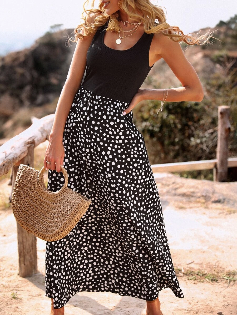 SHEIN VCAY Dalmatian Print Sleeveless Dress - Black and White - View 1