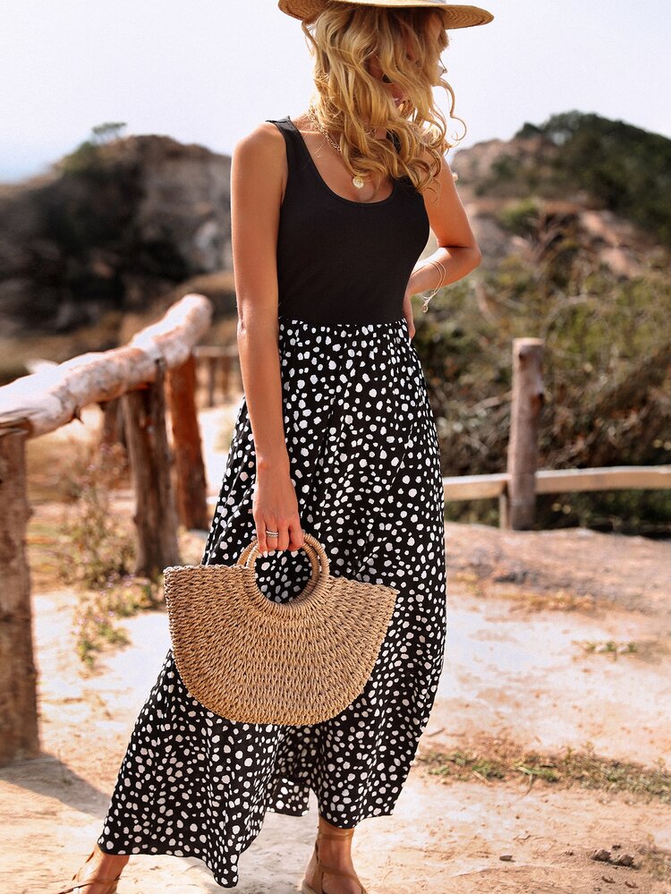 SHEIN VCAY Dalmatian Print Sleeveless Dress - Black and White - View 3