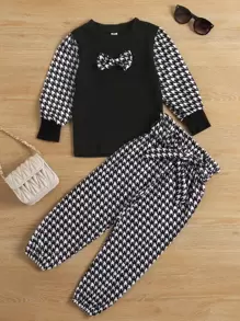 Young Girl Houndstooth Bow Pullover & Paperbag Waist Belted Pants - Black and White - View 1