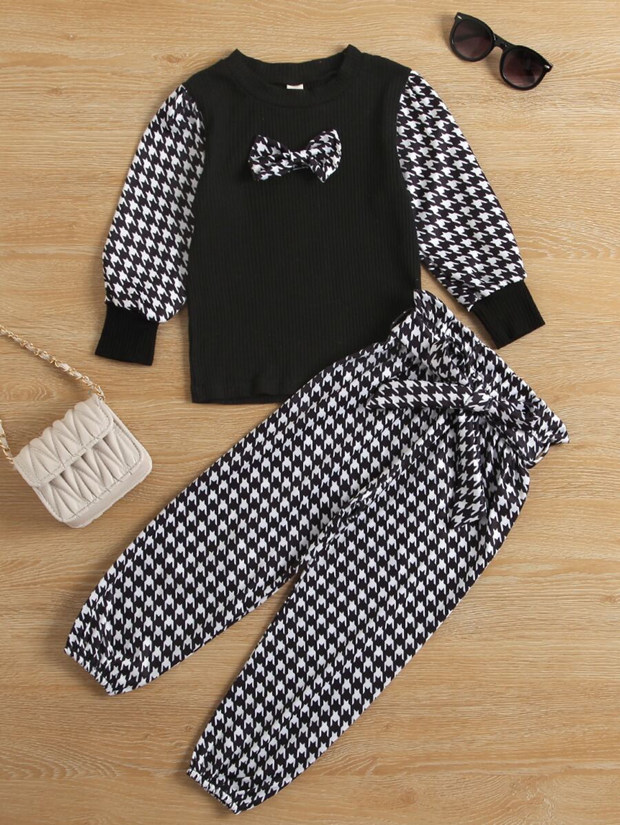 Young Girl Houndstooth Bow Pullover & Paperbag Waist Belted Pants - Black and White - View 1