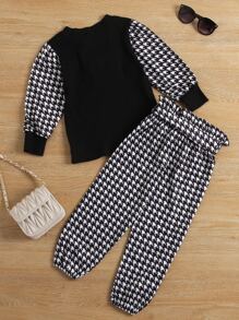 Young Girl Houndstooth Bow Pullover & Paperbag Waist Belted Pants - Black and White - View 2