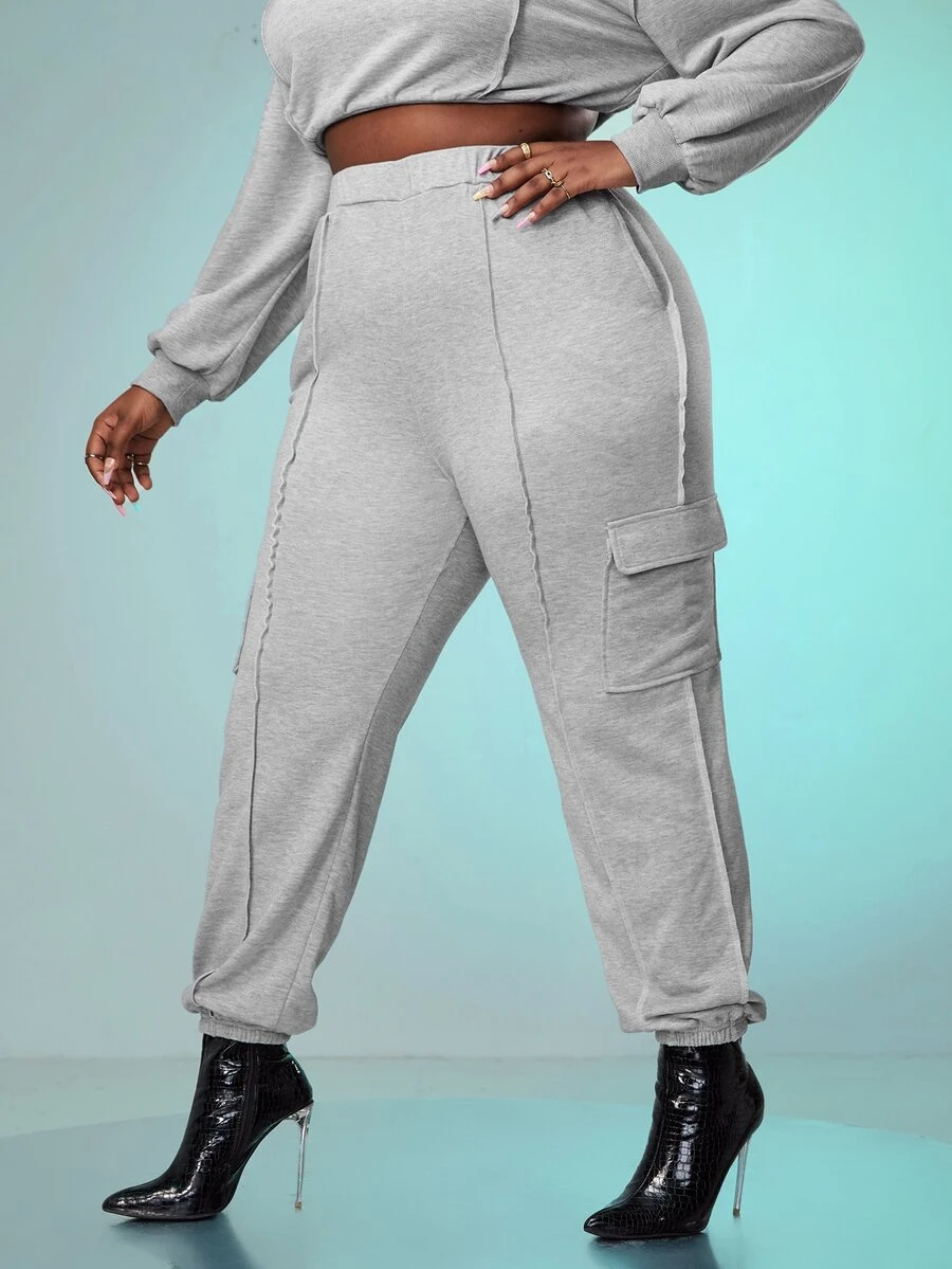 SHEIN SXY 大碼彈性腰帶翻蓋口袋衛褲 - 淺灰色 - 查看 1