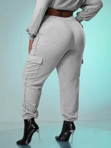 SHEIN SXY 大碼彈性腰帶翻蓋口袋衛褲 - 淺灰色 - 查看 2