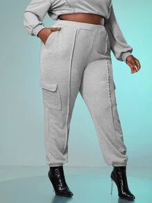 SHEIN SXY 大碼彈性腰帶翻蓋口袋衛褲 - 淺灰色 - 查看 3