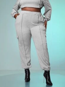 SHEIN SXY 大碼彈性腰帶翻蓋口袋衛褲 - 淺灰色 - 查看 4