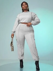 SHEIN SXY 大碼彈性腰帶翻蓋口袋衛褲 - 淺灰色 - 查看 5