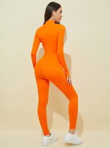 SHEIN Essnce 拉鏈半開襟彈力緊身連身長褲 - 橘色 - 查看 2