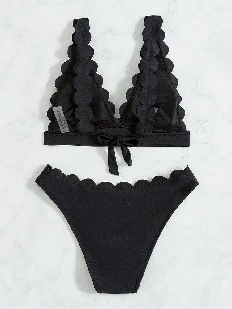 Scallop Trim Seam Detail Bikini - Black - View 7