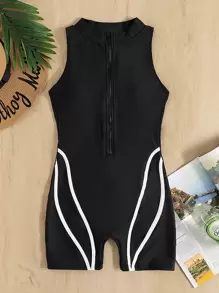 Swim SPRTY Summer Beach Binding Trim Zip Front One Piece Swimsuit - Black - View 3