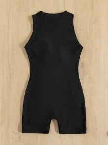 Swim SPRTY Summer Beach Binding Trim Zip Front One Piece Swimsuit - Black - View 4