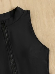 Swim SPRTY Summer Beach Binding Trim Zip Front One Piece Swimsuit - Black - View 6