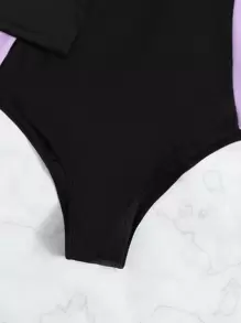 Color Block Zip Front One Piece Rashguard Swimsuit, For Summer Beach Vacation - Black - View 3