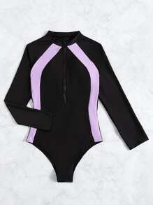 Color Block Zip Front One Piece Rashguard Swimsuit, For Summer Beach Vacation - Black - View 4