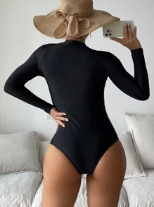 Color Block Zip Front One Piece Rashguards Swimsuit, For Summer Beach Vacation - Black - View 2