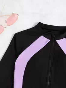Color Block Zip Front One Piece Rashguard Swimsuit, For Summer Beach Vacation - Black - View 5