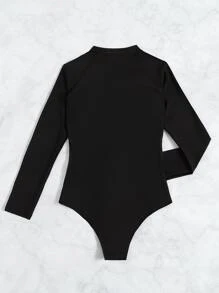 Color Block Zip Front One Piece Rashguard Swimsuit, For Summer Beach Vacation - Black - View 6