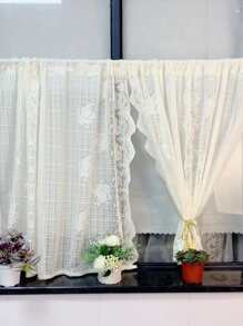 Cortina transparente panel única con bordado de flor con encaje - Beis - Ver 1