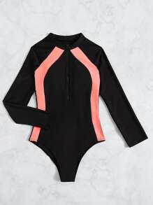 Color Block Zip Front One Piece Rashguards Swimsuit, For Summer Beach Vacation - Black - View 3