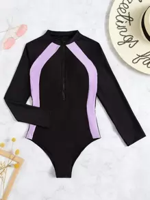 Color Block Zip Front One Piece Rashguard Swimsuit, For Summer Beach Vacation - Black - View 7