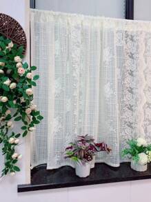 Cortina transparente panel única con bordado de flor con encaje - Beis - Ver 2