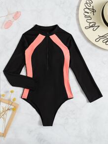 Color Block Zip Front One Piece Rashguards Swimsuit, For Summer Beach Vacation - Black - View 4