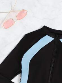 Rashguard Color Block Zip Front One Piece Swimsuit, For Summer Beach Vacation - Black - View 3
