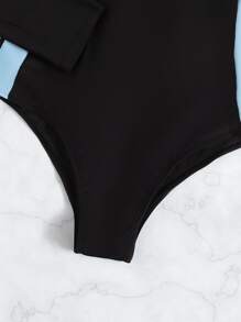 Rashguard Color Block Zip Front One Piece Swimsuit, For Summer Beach Vacation - Black - View 4