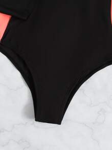 Color Block Zip Front One Piece Rashguards Swimsuit, For Summer Beach Vacation - Black - View 5