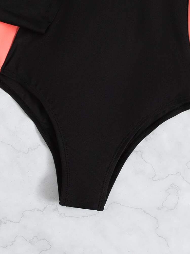 Color Block Zip Front One Piece Rashguards Swimsuit, For Summer Beach Vacation - Black - View 5
