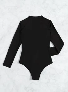 Rashguard Color Block Zip Front One Piece Swimsuit, For Summer Beach Vacation - Black - View 5