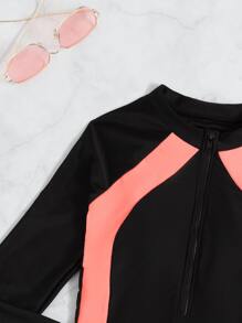 Color Block Zip Front One Piece Rashguards Swimsuit, For Summer Beach Vacation - Black - View 6