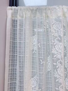Cortina transparente panel única con bordado de flor con encaje - Beis - Ver 4