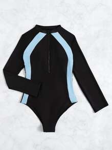 Rashguard Color Block Zip Front One Piece Swimsuit, For Summer Beach Vacation - Black - View 6