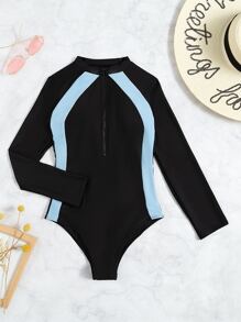 Rashguard Color Block Zip Front One Piece Swimsuit, For Summer Beach Vacation - Black - View 7
