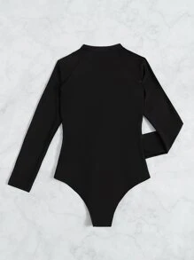 Color Block Zip Front One Piece Rashguards Swimsuit, For Summer Beach Vacation - Black - View 7