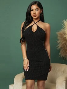 SHEIN Cut-out Rhinestone O-ring Detail Tie Back Bodycon Dress - Black - View 5
