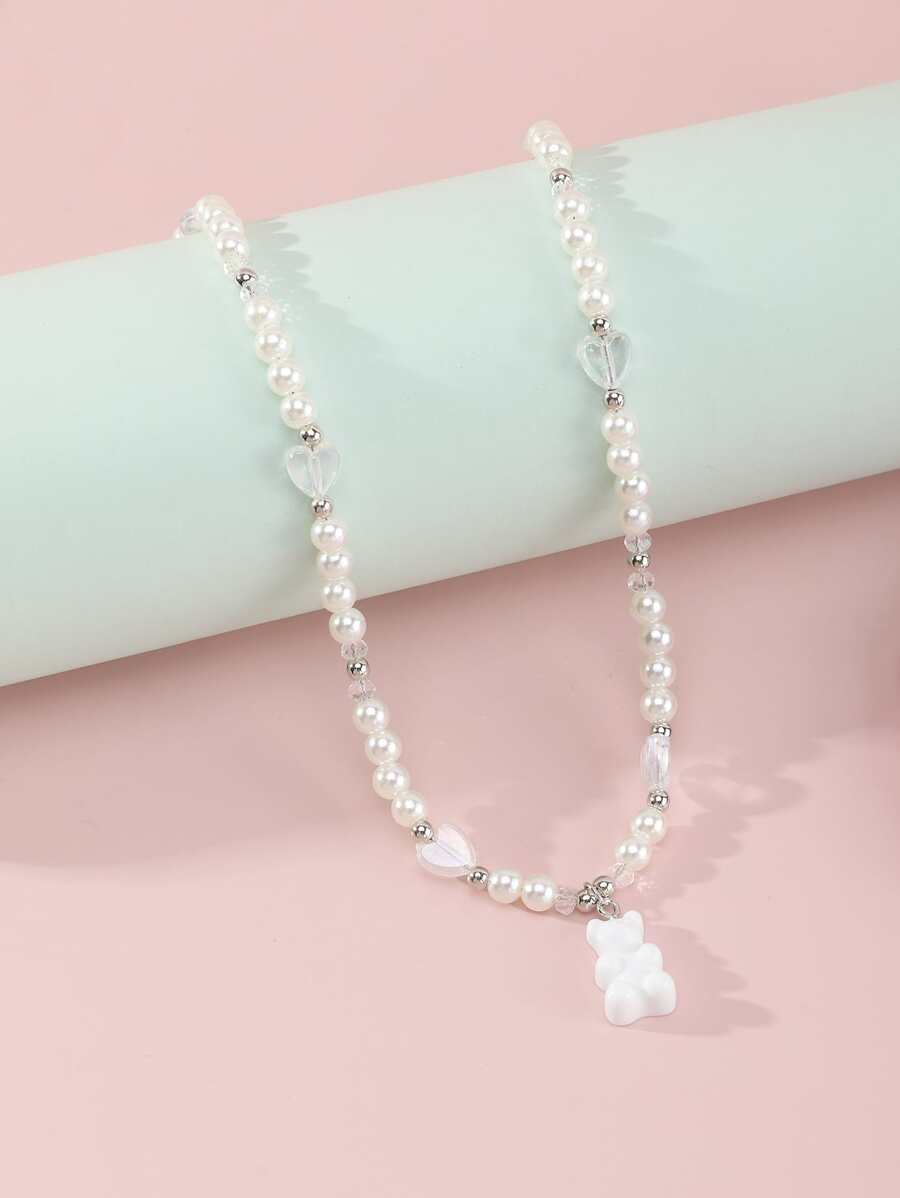 Bear Charm Beaded Necklace - Multicolor - View 1