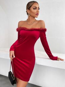 Vestido ajustado de hombros descubiertos de peluche ribete de terciopelo - Rojo - Ver 1