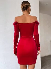 Vestido ajustado de hombros descubiertos de peluche ribete de terciopelo - Rojo - Ver 2