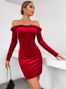 Vestido ajustado de hombros descubiertos de peluche ribete de terciopelo - Rojo - Ver 3