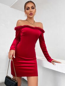 Vestido ajustado de hombros descubiertos de peluche ribete de terciopelo - Rojo - Ver 4