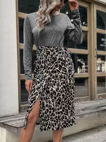 豹紋印花圍裹繫腰帶連衣裙 - 彩色 - 查看 1